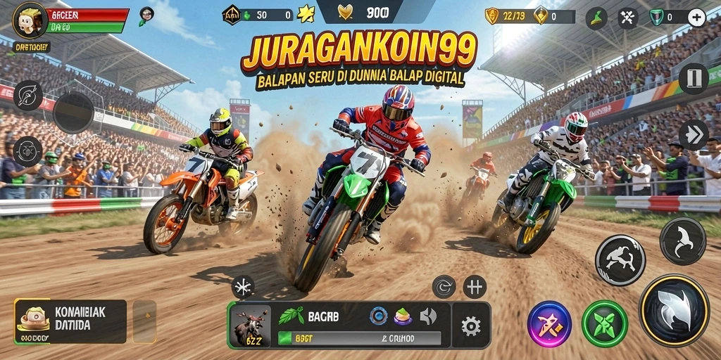 Screenshot JURAGANKOIN99 menampilkan aksi balapan seru dengan mobil dan lintasan yang menantang.