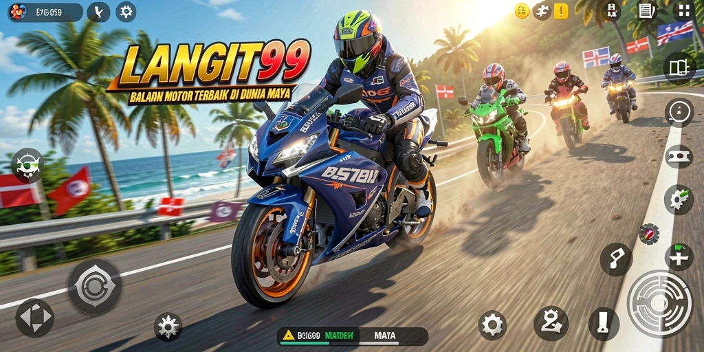 Tampilan screenshot utama LANGIT99 yang menampilkan aksi balapan motor yang mendebarkan.