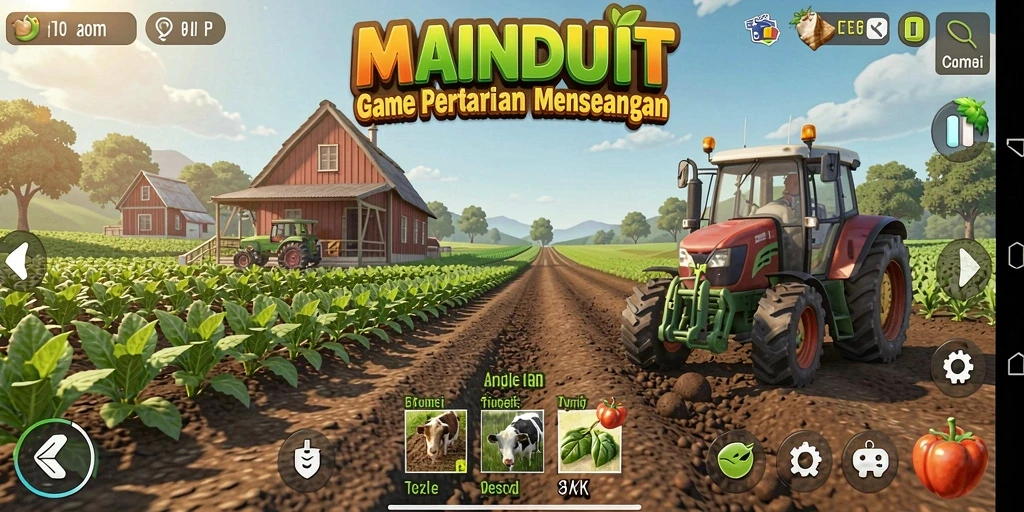 Tampilan gameplay seru di MAINDUIT, menunjukkan aktivitas bertani yang menyenangkan.