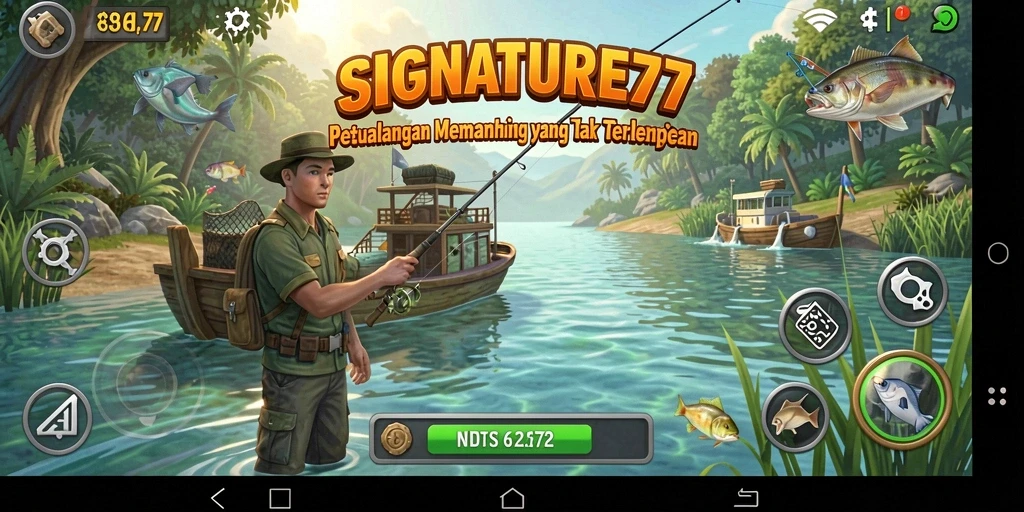 Screenshot SIGNATURE77 yang menunjukkan aksi memancing seru di alam yang indah.