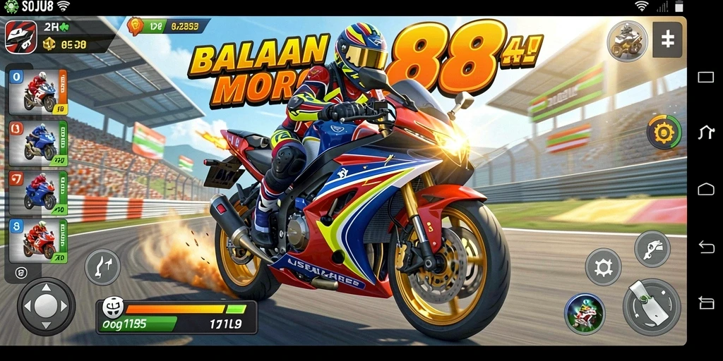 Screenshot menunjukkan aksi balapan motor yang mendebarkan di SOJU88.