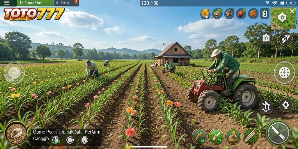 Screenshot gameplay TOTO777 menampilkan kebun yang rimbun dan aktivitas bertani.